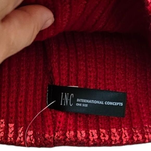 INC International Concepts Liquid Shine Pom Pom Red Knit Beanie - Picture 4 of 4